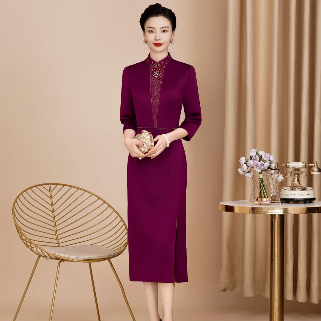 春秋高贵喜婆婆婚宴旗袍优雅气质修身妈妈年轻款长款礼服婚宴服