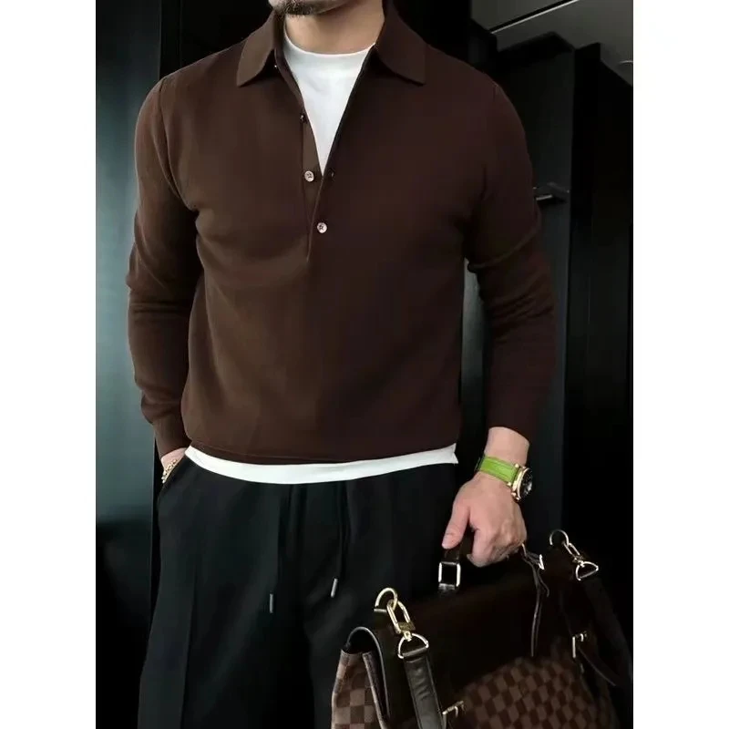 秋冬新款毛衣男翻领纯色长袖百搭修身轻奢商务休闲针织衫加厚潮流