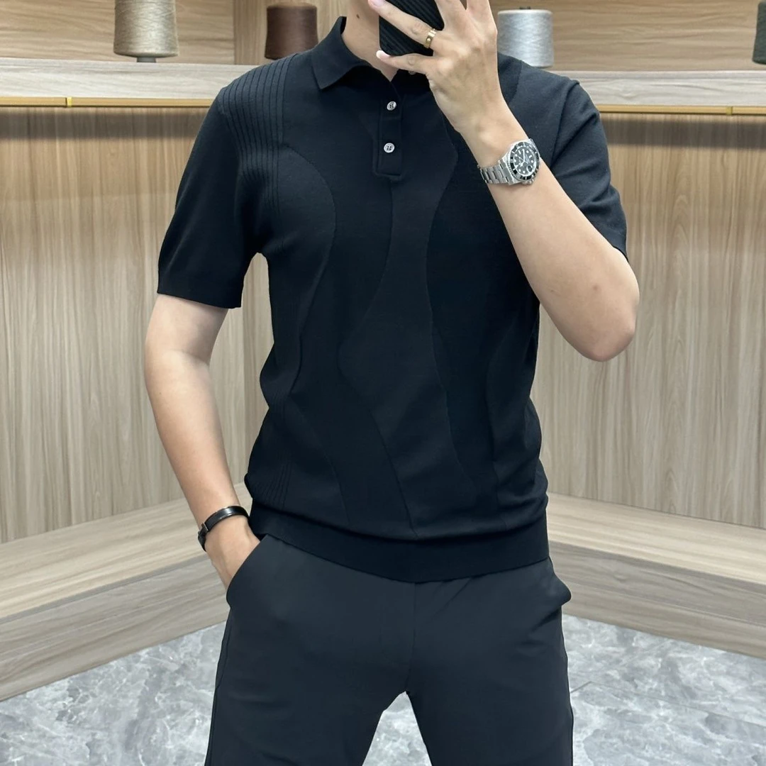 高品质夏季冰丝针织短袖修身欧货半袖纯色男士潮商务2024拼接翻领