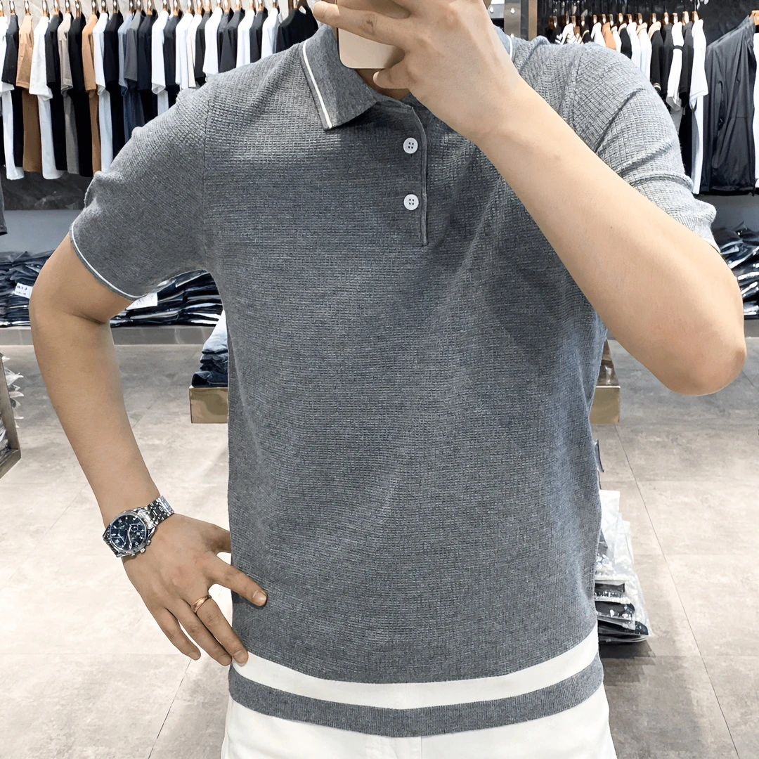 2024夏季时尚修身百搭商务潮流轻奢简约翻领polo男士针织休闲半袖