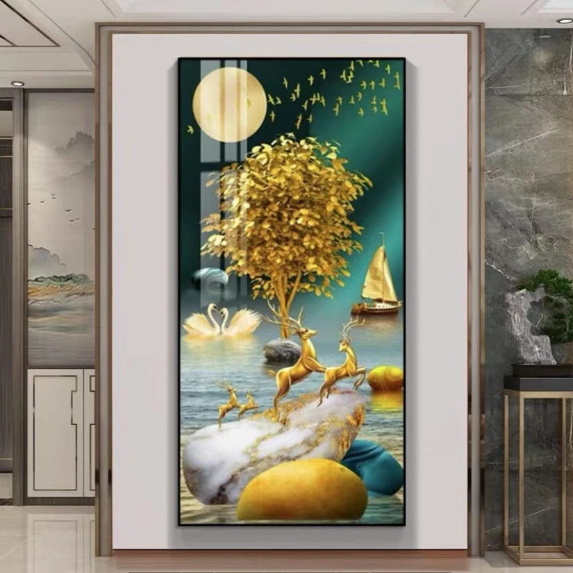 带灯玄关《腾飞福鹿》【多款画面】简约高级大气镶钻晶瓷画新中式轻奢