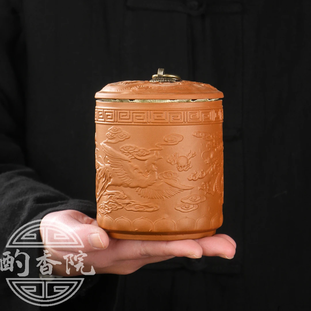 龙凤呈祥紫砂茶叶罐复古家用陶瓷中式防潮储存带盖雕刻