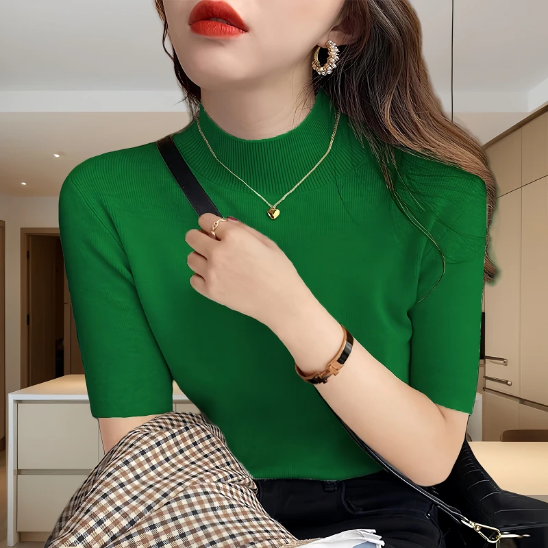 绿色半高领五分袖针织打底衫女春秋2024新款内搭中袖修身薄款上衣