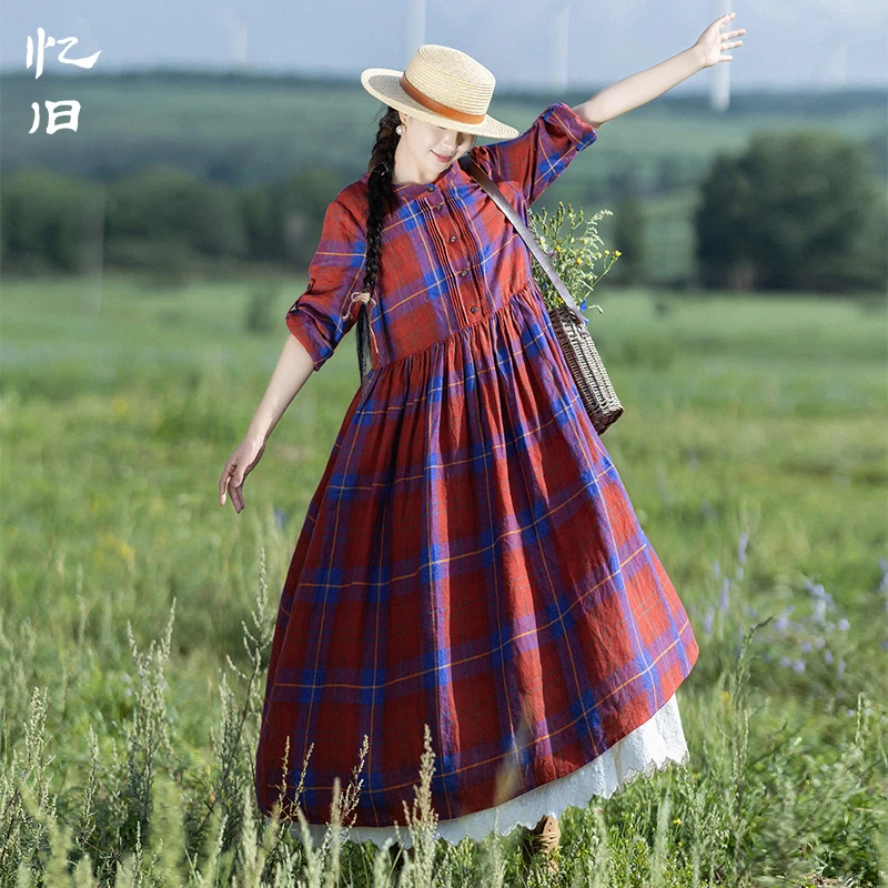 【玫瑰庄园】复古怀旧红格子连衣裙女2024秋季宽松浪漫压褶衬衫裙