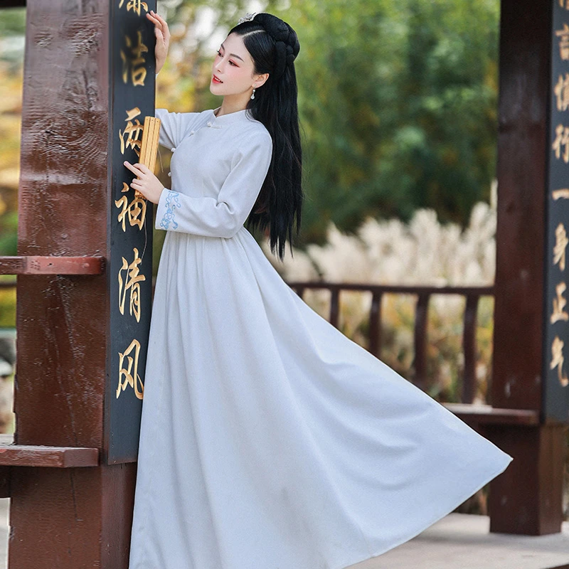 现货【寒江雪】汉服女中国风连衣裙女冬2023新款古装白色长裙仙