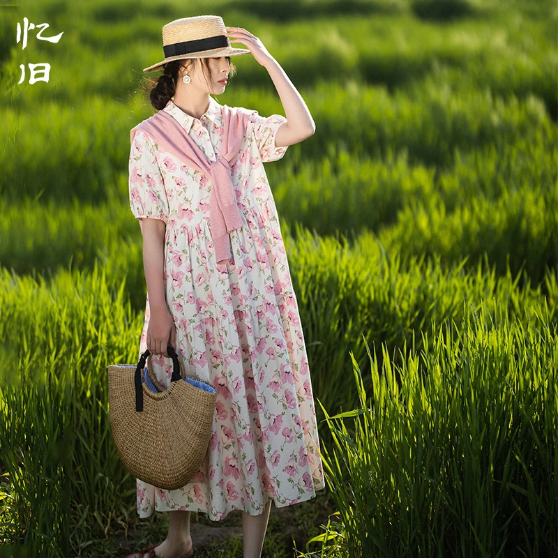 忆旧【月神花园】复古衬衫领连衣裙女夏季碎花长裙纯棉灯笼短袖裙
