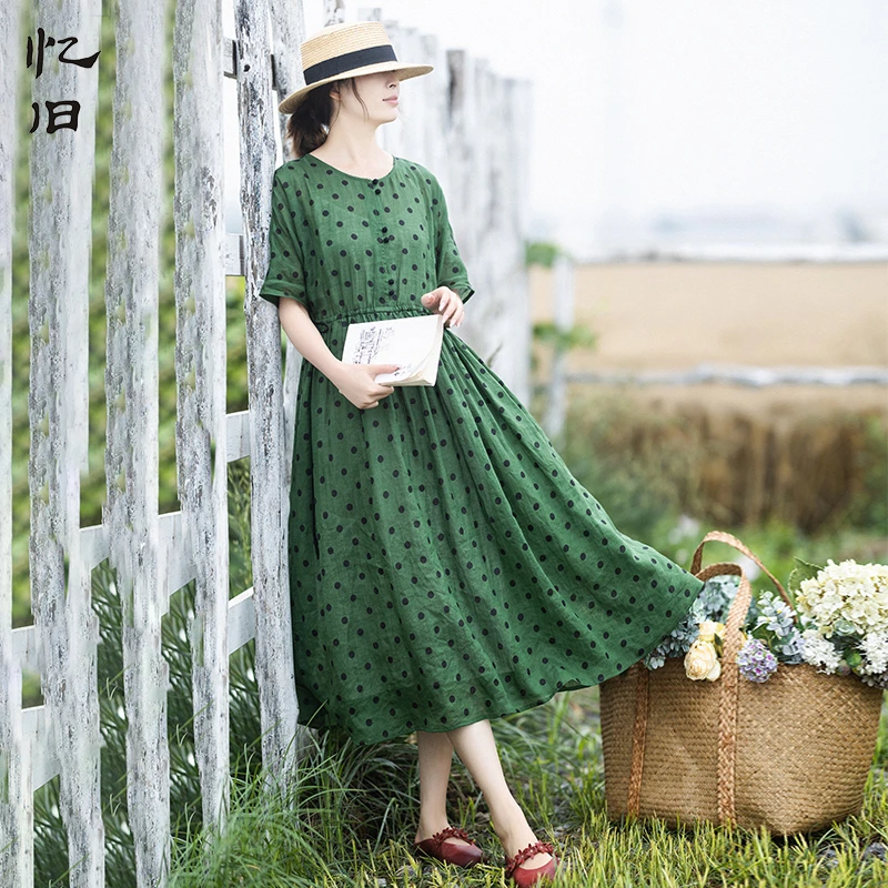 现货2763【盛夏田园】苎麻圆点印花连衣裙夏季圆领抽绳收腰绿色长裙