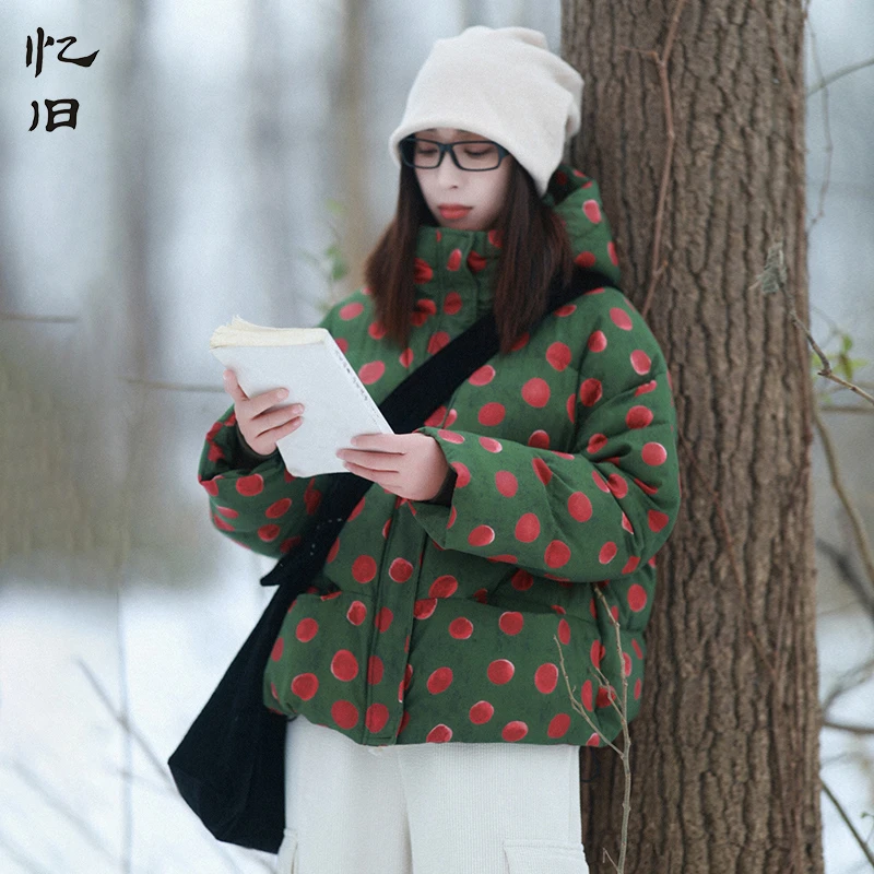 现货【明媚如花】连帽波点羽绒服纯棉印花90白鸭绒减龄女冬短款外套