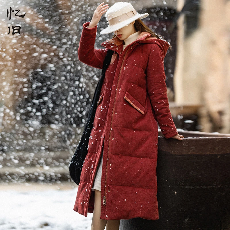 忆旧【幸福感】红色灯芯绒连帽保暖羽绒服女冬中长款新款加厚棉服