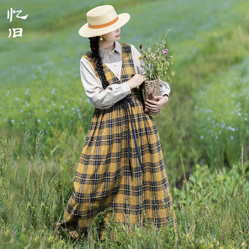 现货3121【定格之光】复古衬衫领假两件拼接连衣裙女秋季磨毛格纹