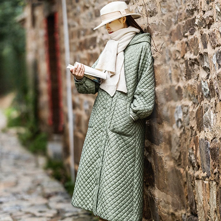 现货753【自由延续】连帽菱格棉服女冬季中长款2024新款棉衣外套冬