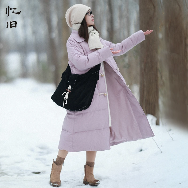 现货1133【临椿寄雪】文艺翻领保暖羽绒服女冬季牛角扣保暖长款外套