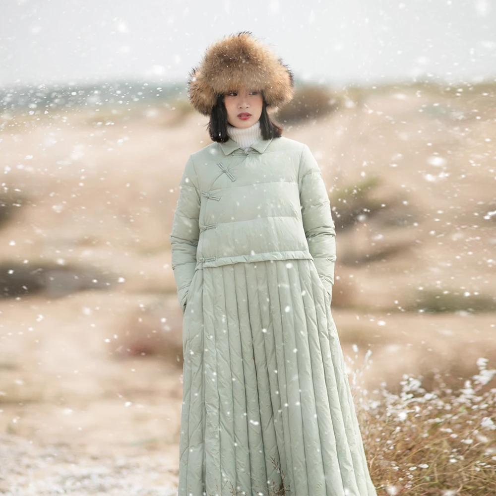 糖十一【现货】国风拼接裙摆式羽绒服女长款2022冬新加厚鸭绒外套