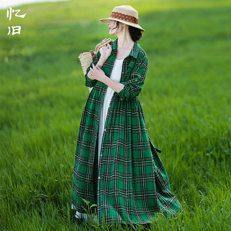 现货【绿色心情】秋季新款方格子减龄衬衫裙风衣女通勤长裙连衣裙