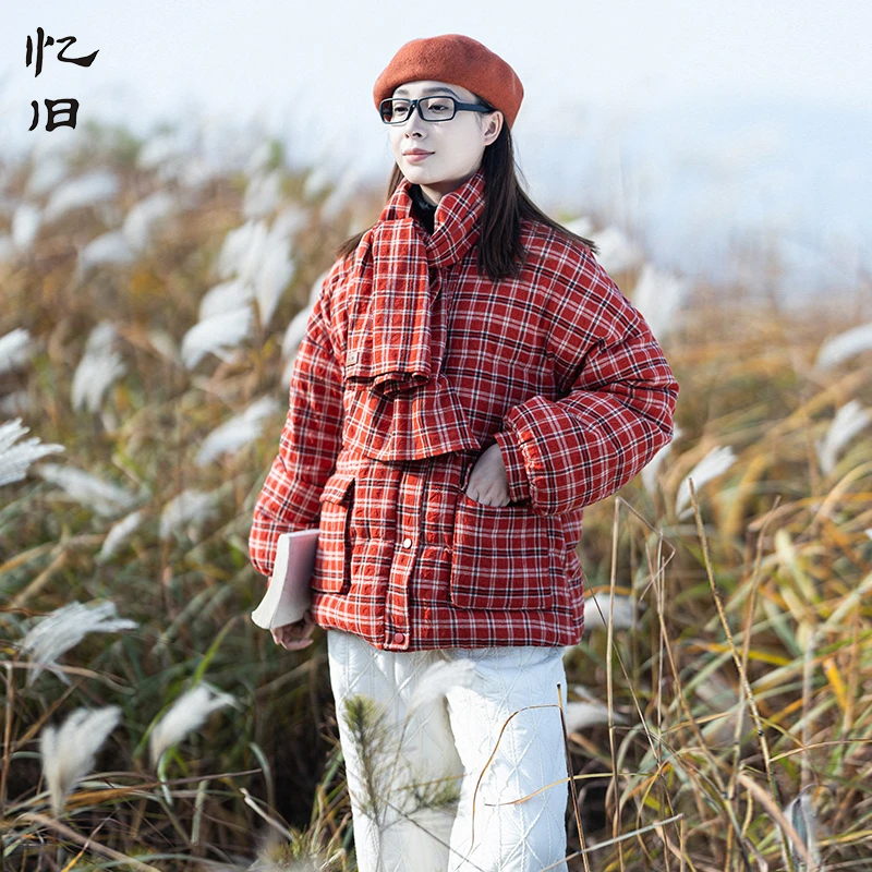 【错落烟火】冬季红格纹保暖羽绒服女短款外套复古宽松加厚白鸭绒