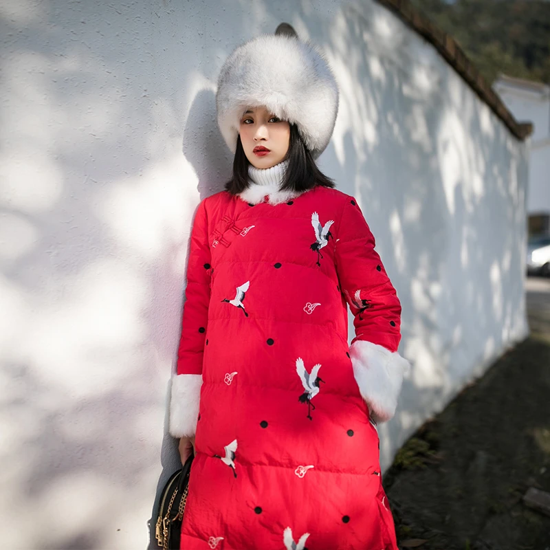 【8折特卖】冬复古加厚棉服国风长款毛领白鸭绒羽绒服女绣花