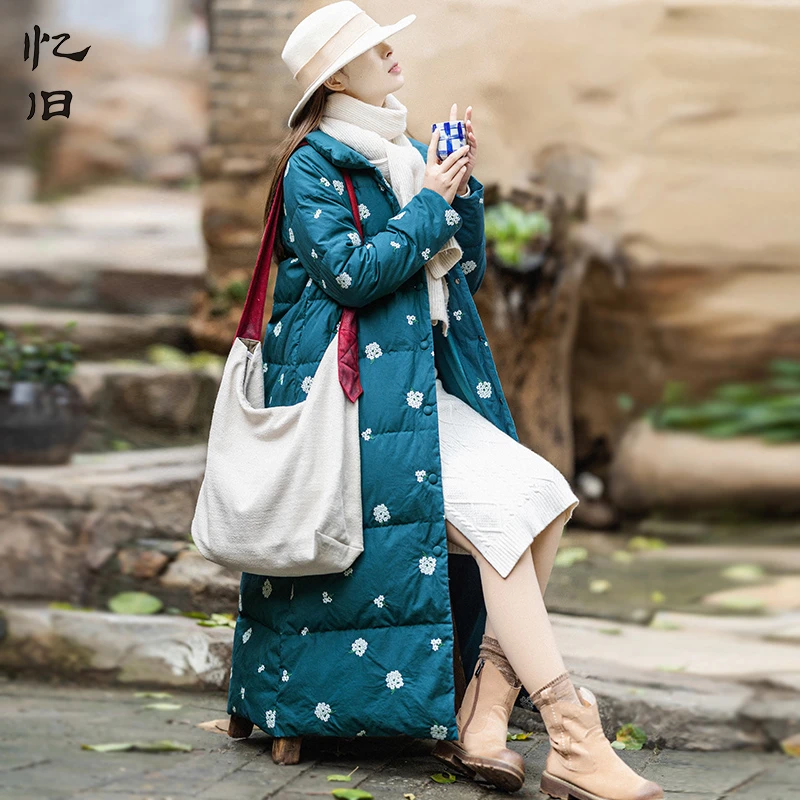 忆旧棉质刺绣羽绒服女冬长款2022年新款翻领棉服外套冬季