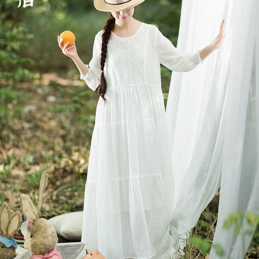 现货苎麻白色连衣裙女春夏季2022年新款大裙摆a字裙宽松气质长裙
