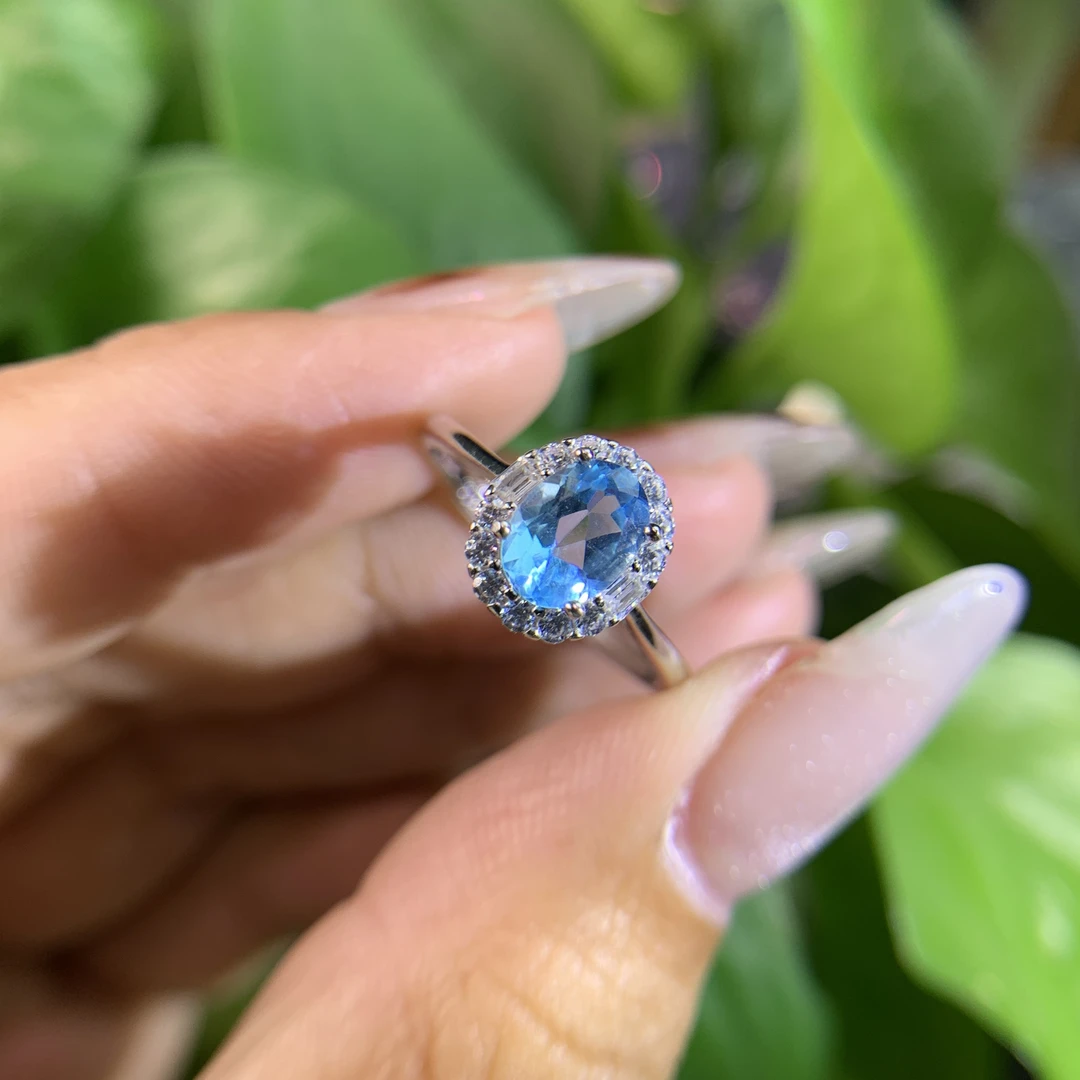 天然托帕石5*7#1ct左右国标通体银S925戒指气质蓝色时尚经典精致