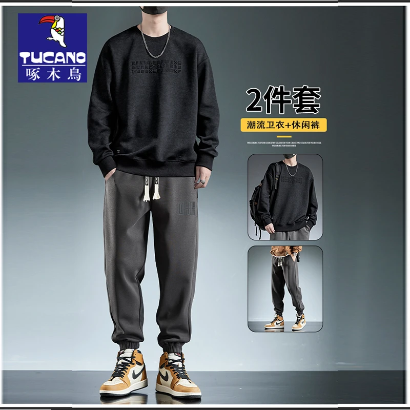 啄木鸟秋冬潮流套装男士2024新款束脚休闲裤潮牌ins宽松百搭卫衣