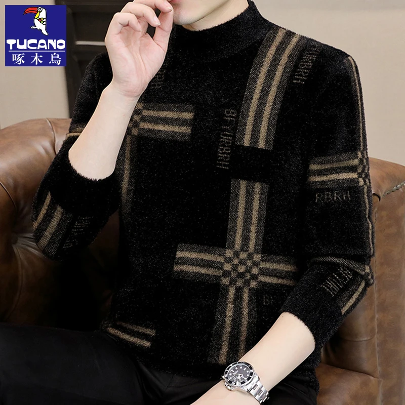 水貂绒毛衣男半高领秋冬季打底针织衫潮流加绒加厚保暖冬装上衣服