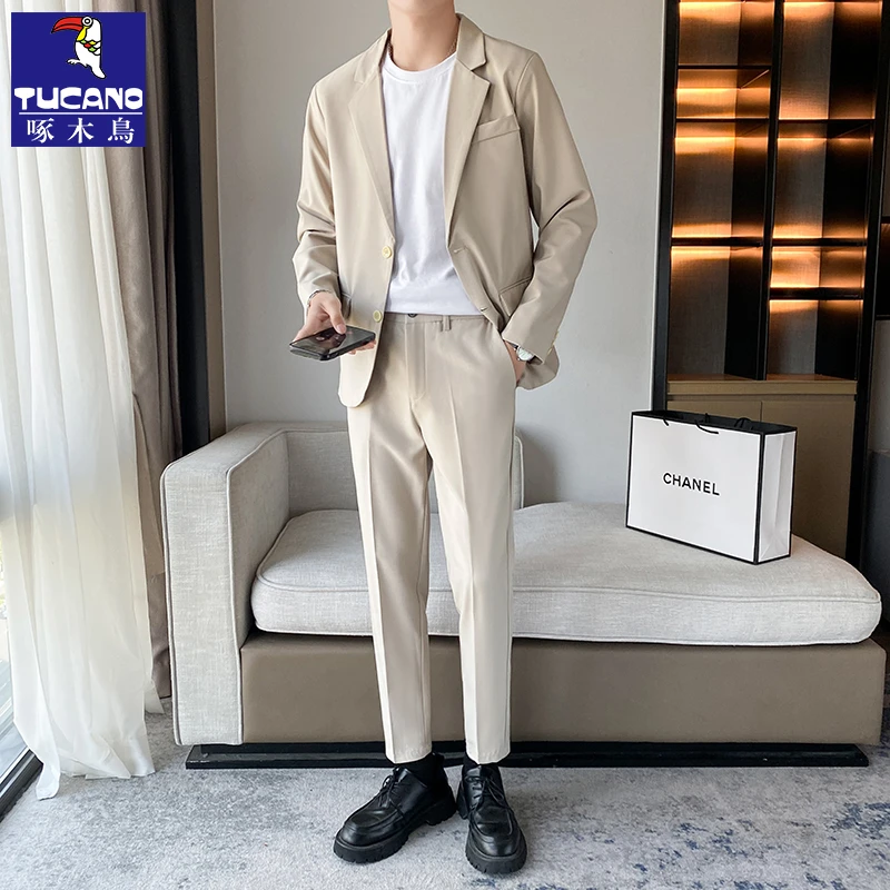 啄木鸟休闲西装外套男生2025夏季新款痞帅潮流高档职业西服上衣男