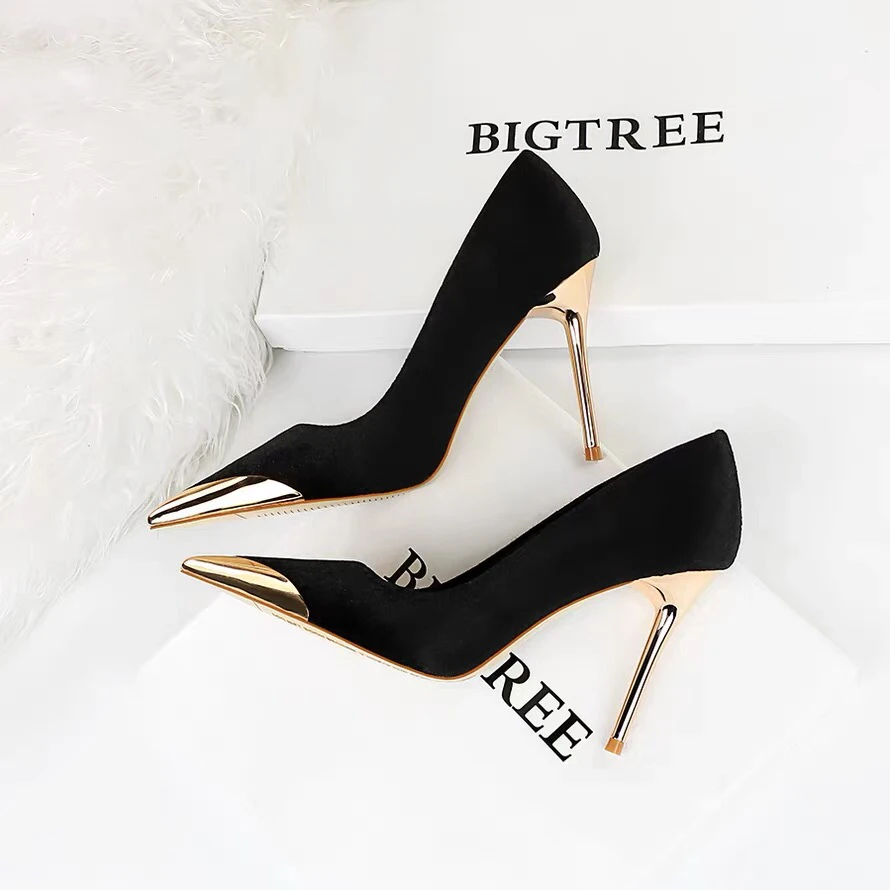 直播间福利欧美宴会时尚轻奢高跟鞋女细跟金属尖头绒面超高单鞋