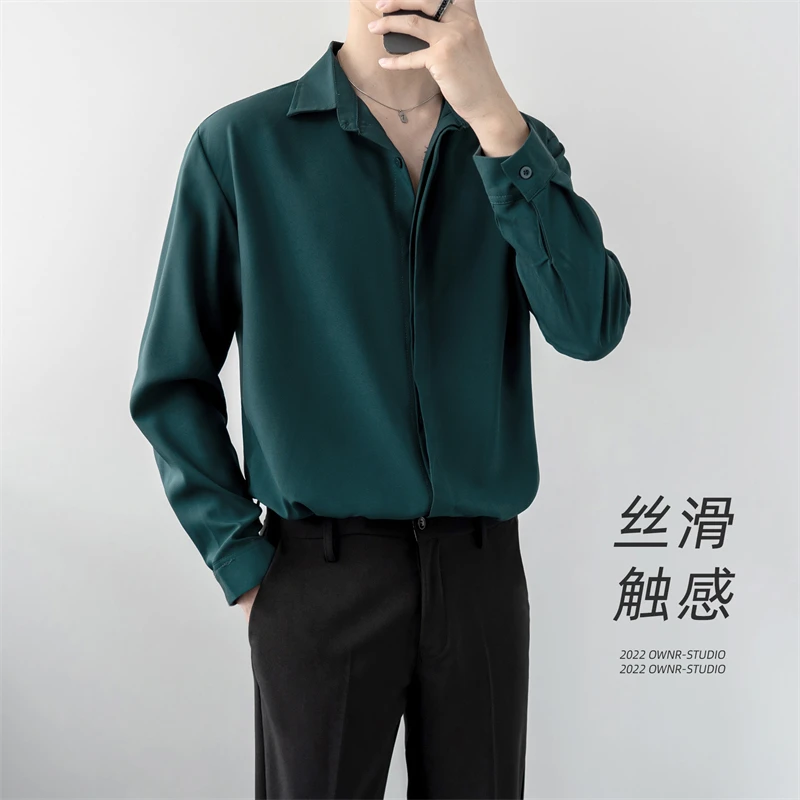 痞帅冰丝长袖衬衫男高级感春秋薄款丝滑男士休闲垂感免烫纯色衬衣