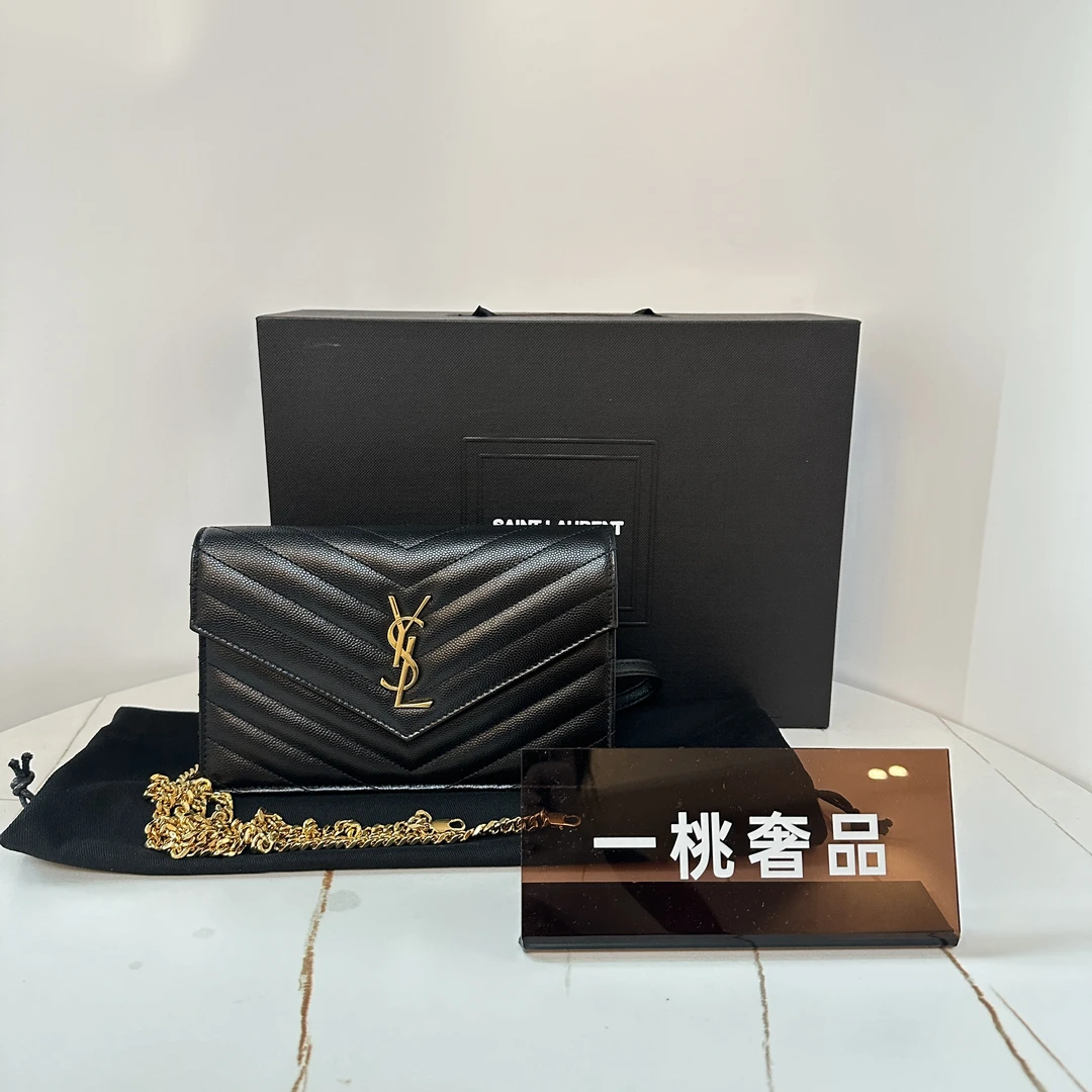 95新 YSL/圣罗兰 一桃/实际98新/圣罗兰 信封woc黑金斜挎包
