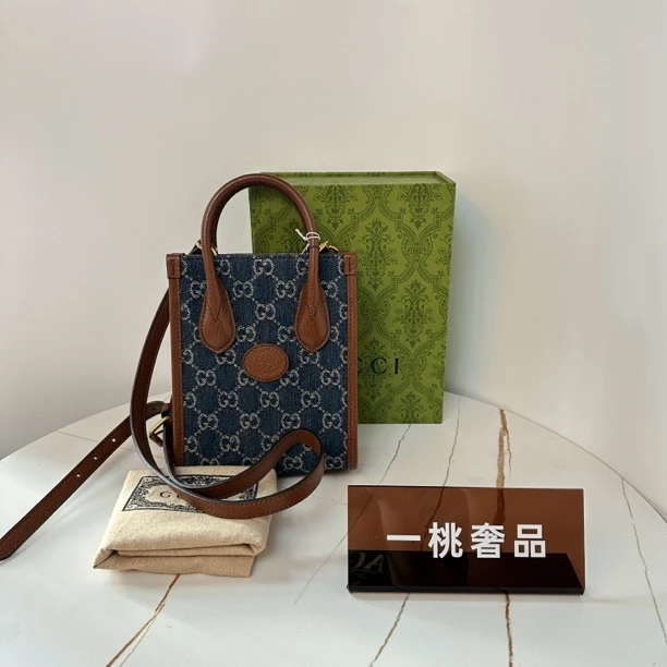 95新 GUCCI/古驰 一桃/实际98新/古驰 丹宁琴谱手提斜挎