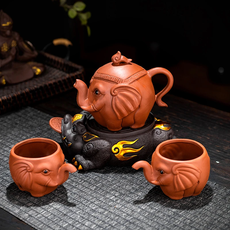 紫砂吉象茶壶吉祥如意大象泡茶一壶两杯壶功夫茶具茶宠茶玩茶杯