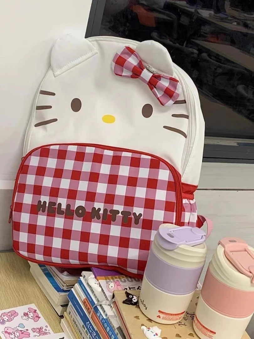 卡通自制可爱KT猫少女红格子大容量学院风双肩包初中学生上课书包