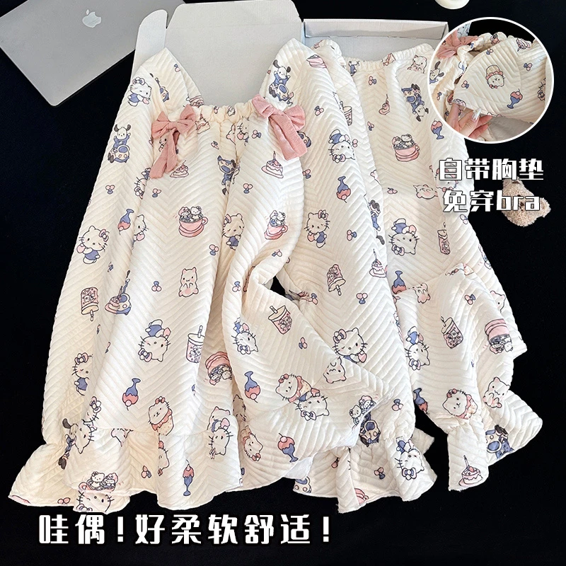 空气棉睡衣女款秋冬季长袖带胸垫加厚夹层棉可爱KT猫家居服套装春