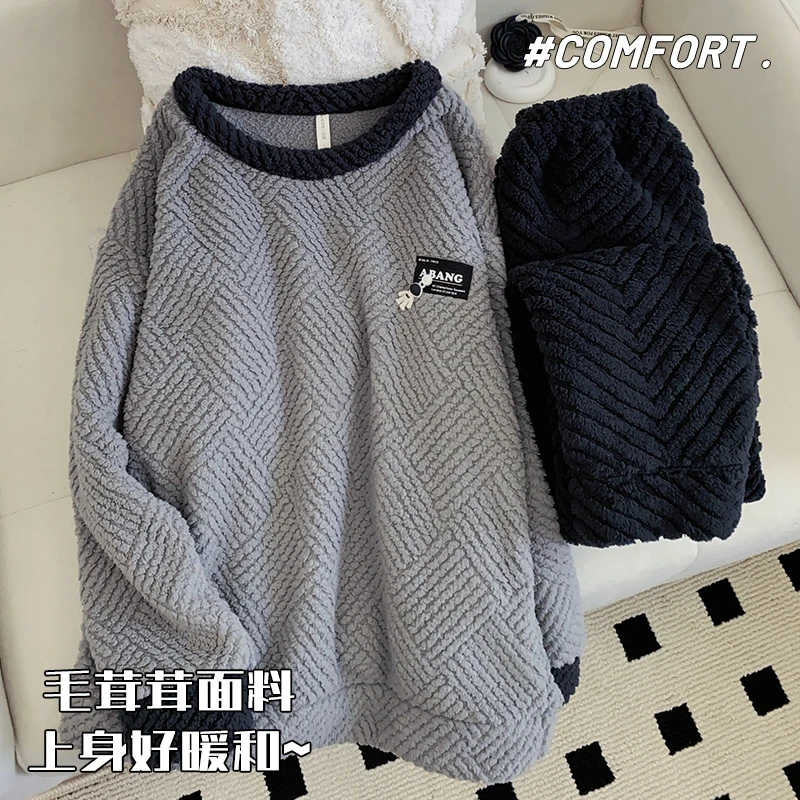 韩版简约秋冬加厚珊瑚绒男士家居服法兰绒圆领长袖青少年睡衣套装