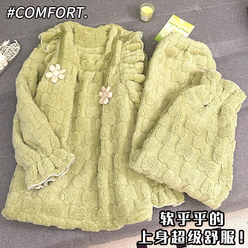 珊瑚绒睡衣女秋冬季甜美花朵加厚加绒法兰绒公主风套装冬天家居服