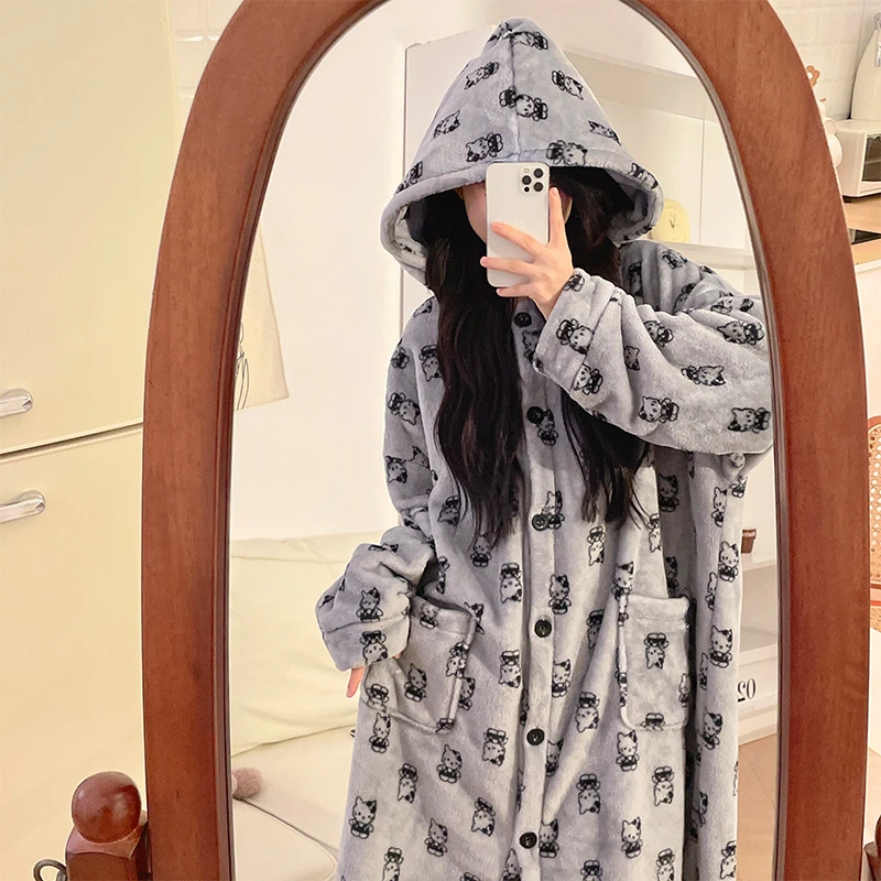 珊瑚绒睡袍女2025秋冬新款kitty猫加厚法兰绒睡衣裙家居服