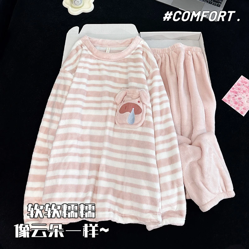 2025秋冬新款珊瑚绒鼻涕猪睡衣女加厚保暖家居服套装法兰绒可外穿