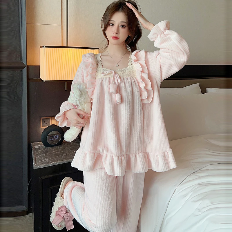 睡衣秋冬季女士长袖甜美公主风加厚法兰绒珊瑚绒套装2024新款冬天