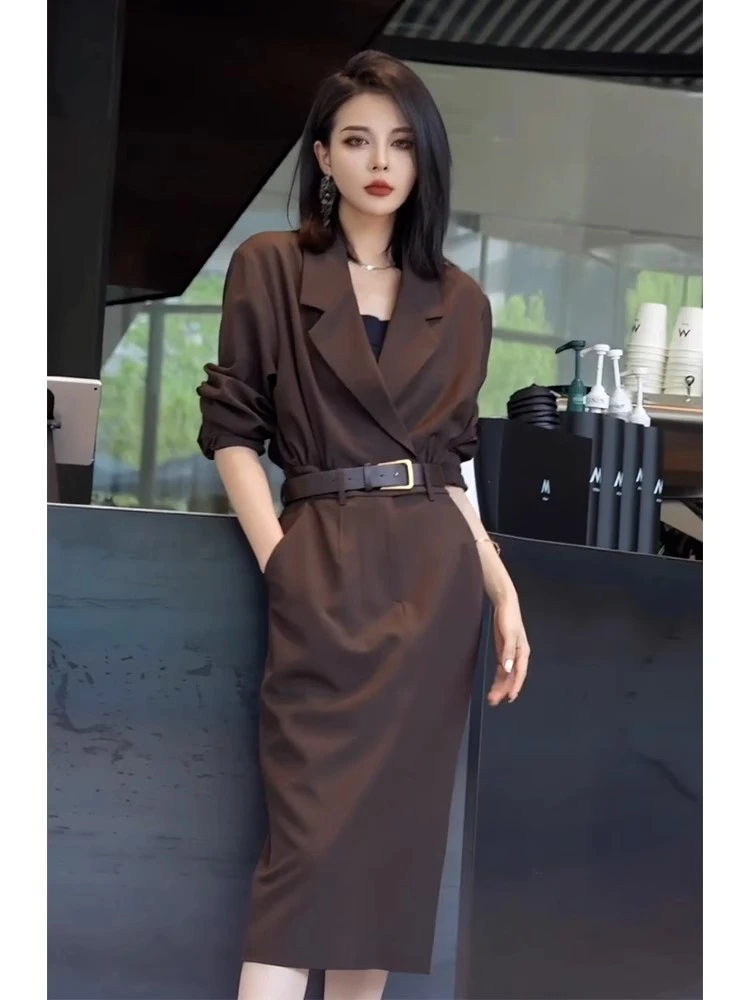 早秋气质女神范轻奢高级感高端精致正式场合小香风咖色收腰连衣裙