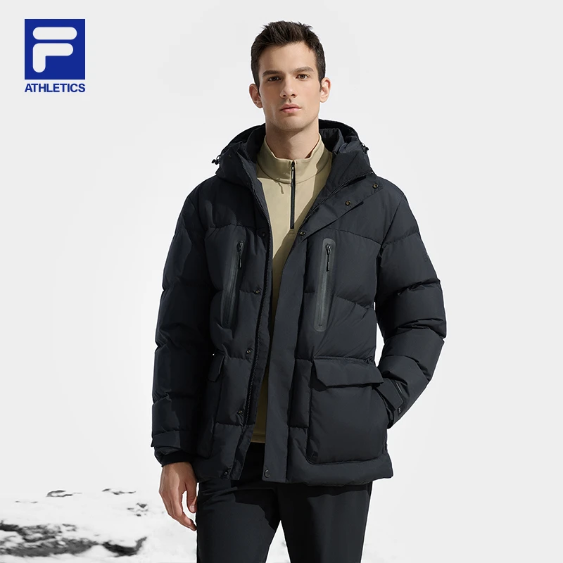 FILA斐乐男装中长款羽绒服2025冬季新款户外连帽羽绒服A11M447917
