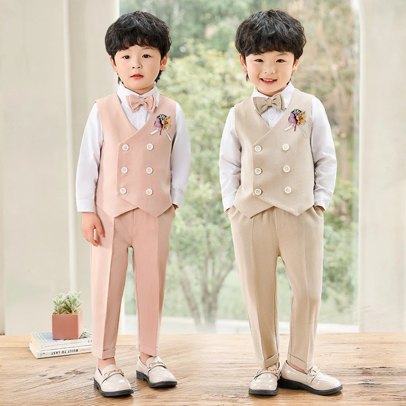 儿童西装夏款男童英伦短袖短裤马甲套装花童演出服周岁生日礼服