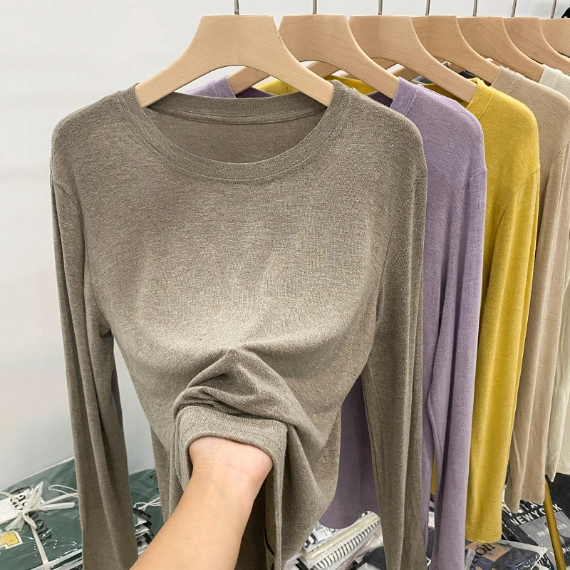 春秋新款软糯长袖t恤女装纯色弹力内搭外穿圆领显瘦打底衫上衣
