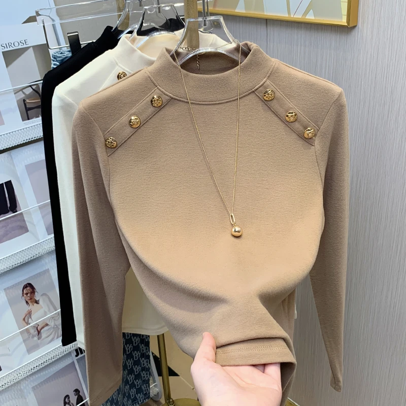 高级感别致修身半高领打底衫女内搭秋冬长袖t恤法式洋气立领上衣