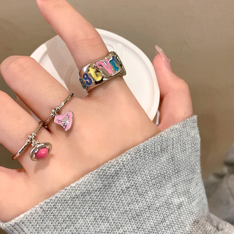 合金戒指 彩色字母爱心西太后戒指女款轻奢小众精致开口个性指环