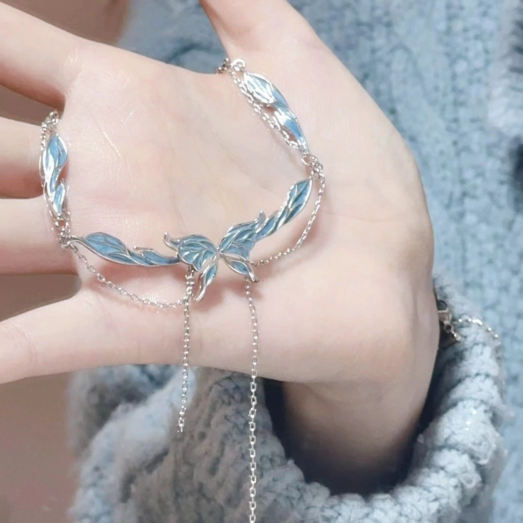 合金项链 清冷感蓝色蝴蝶流苏2024轻奢小众设计高级感气质锁骨链