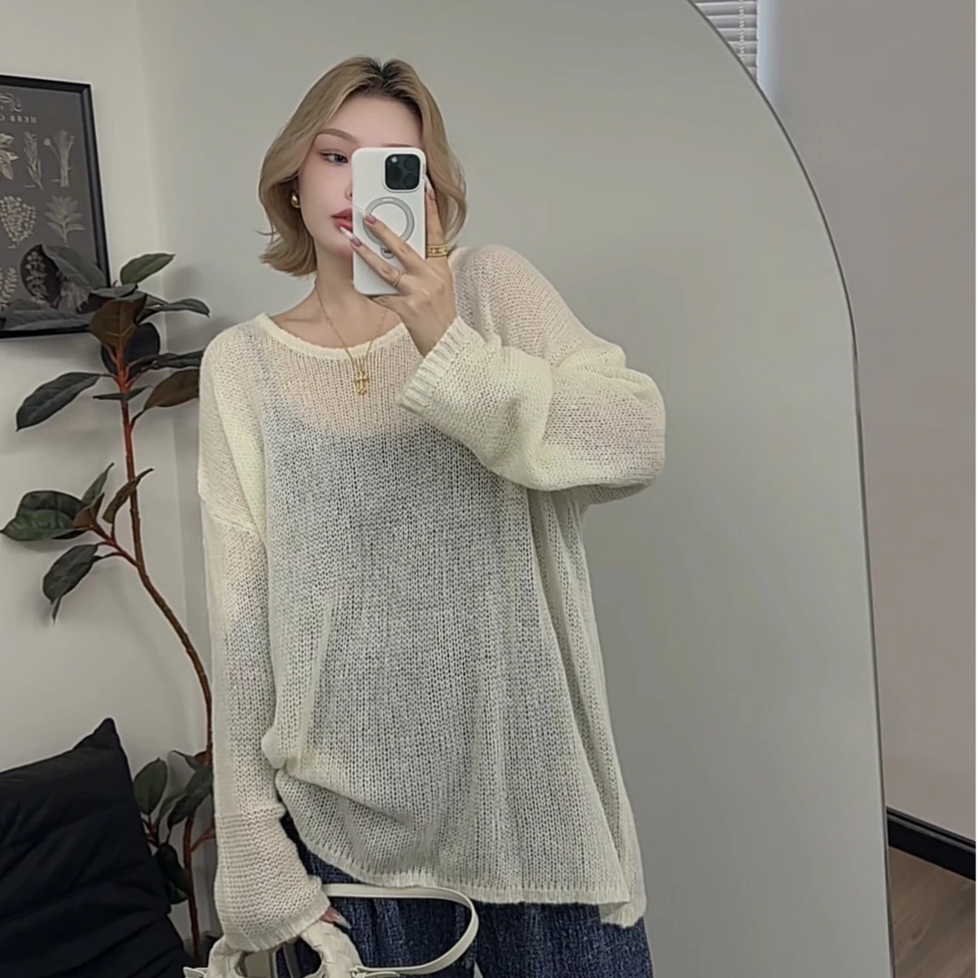 【瘦瘦】复古镂空针织长袖针织衫紫色套头毛衣女秋季新款慵懒S0795