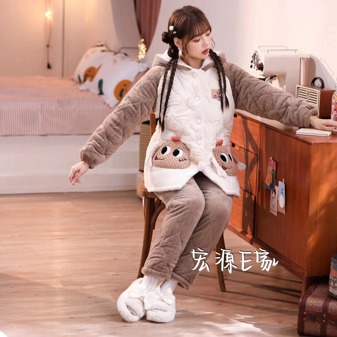 （宏源E家）冬季女士水貂绒甜美加绒保暖加厚时尚家居服睡衣套装387