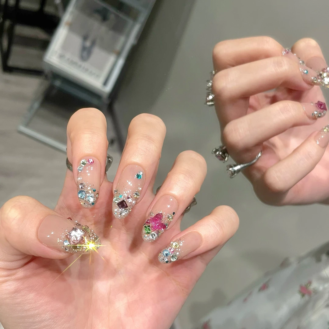 【花海】缇觅轻奢短甲碎钻多巴胺闪片全华子钻纯手工可拆卸式穿戴甲