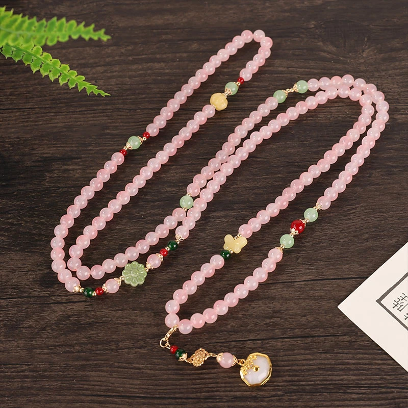 合金玻璃吊坠 新中式国风项链长款璎珞新款毛衣链粉色斜挎链珠