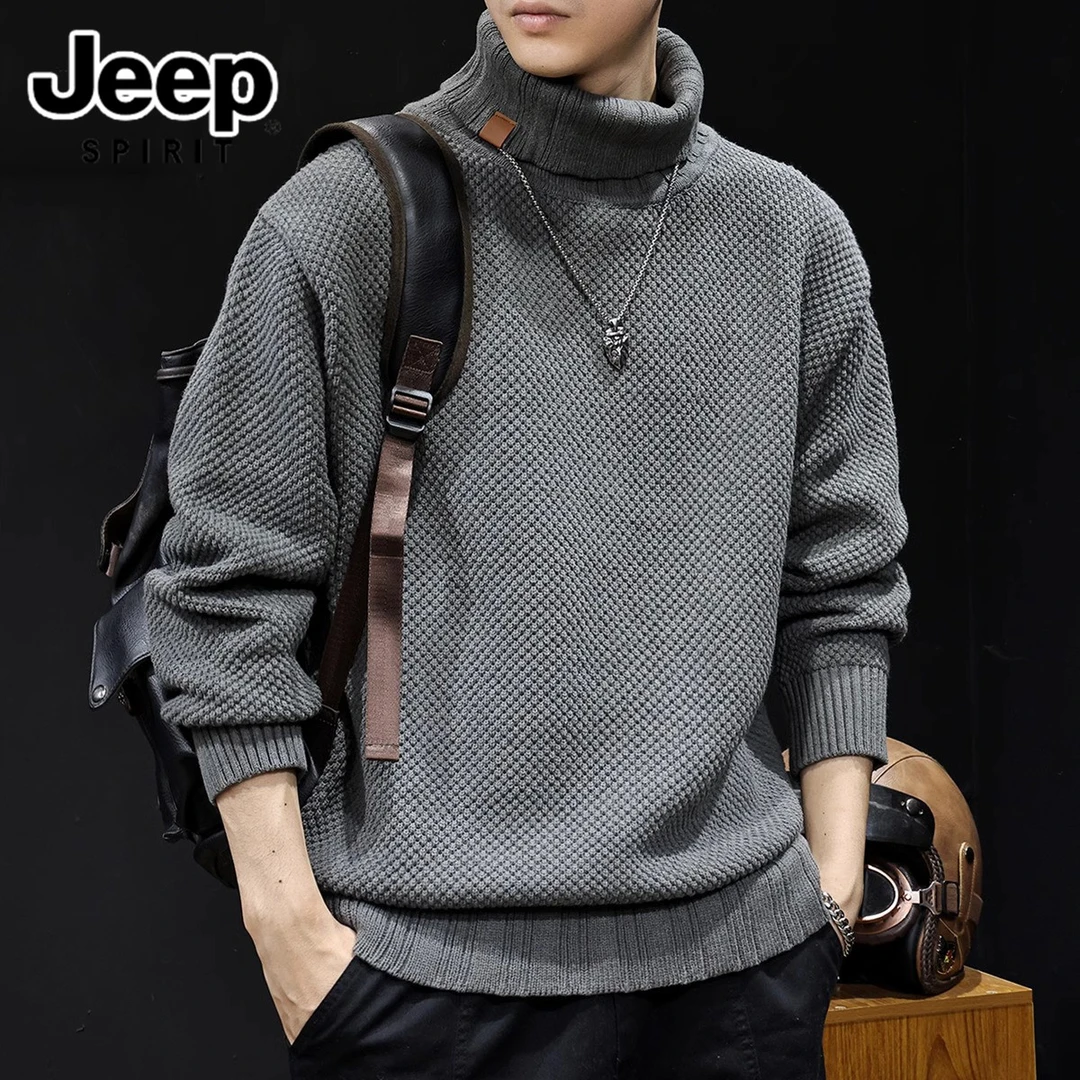 吉普高领毛衣男春季新款慵懒重磅针织潮牌宽松大码男士外套秋冬款